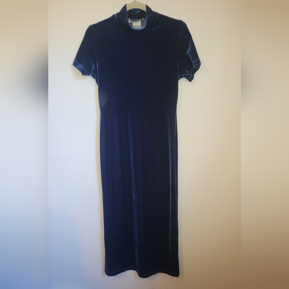 Vintage Maurices Mock-Neck Short-Sleeved Navy Velour Maxi Dress, Women's Size S